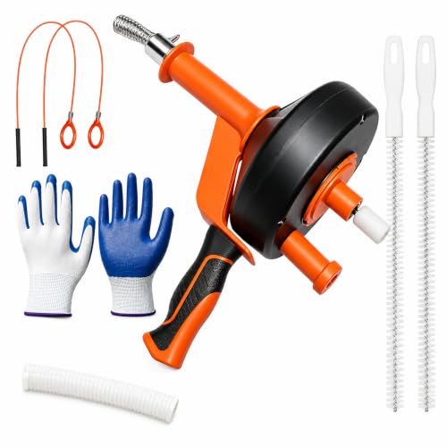 Drain Auger 33FT, Drain Snake with Drill Attachment, Flexible Plumbing Snake Clog Remover, Heavy Duty Manual Drain Cleaner Tool for Kitchen Bathroom Shower Sink, Includes Gloves & Cleaning Brush