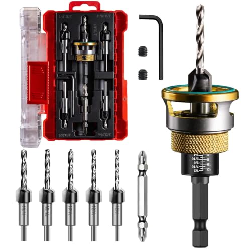 9 Pcs Countersink Drill Bit Set - 5 Pcs 2-Flute TCT Tapered Drill Bits with Adjustable Aluminum Alloy Depth Stop Collar, Bearing Stopper Anti-Scratch, 82° Counterbores, 1/4” Hex Shank for Woodworking - color: Yellow