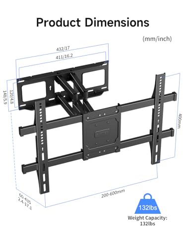 Suptek Full Motion TV Wall Mount for 42 to 86 Inch TV, Swivel and Tilt with Articulating Dual Arms, Max VESA 600X400mm, Holds up to 132lbs, Fits Max 16" Wood Studs, MA01A - size: 42-86"