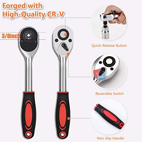 Universal Socket Wrench Set (11-32mm 7-19mm) Professional Sockets Tools Multi-function Wrench Repair Tool Kit with 3/8 inch Ratchet Wrench & Power Drill Adapter Chrome Vanadium Steel