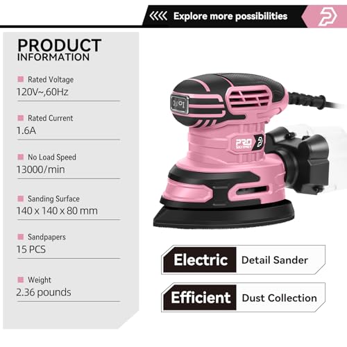Prostormer Detail Sander, 13000RPM Mouse Sander, 1.6A Electric Palm Sanders - color: Pink