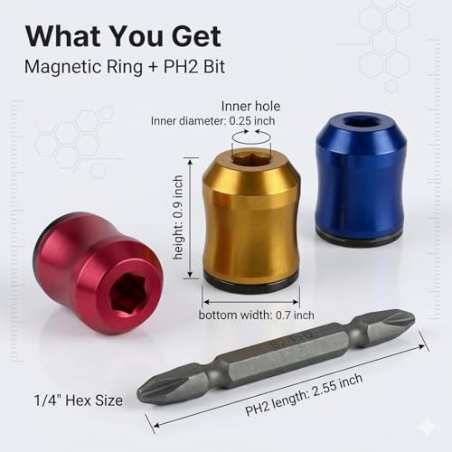 Magnetic Screw Ring Set 3PCS with PH2 S2 Bit, 1/4” Hex Screw Holder for Drill & Power Bits, Removable Magnetic Screwdriver Bit Holder for DIY, Woodworking, Mechanics & Repair