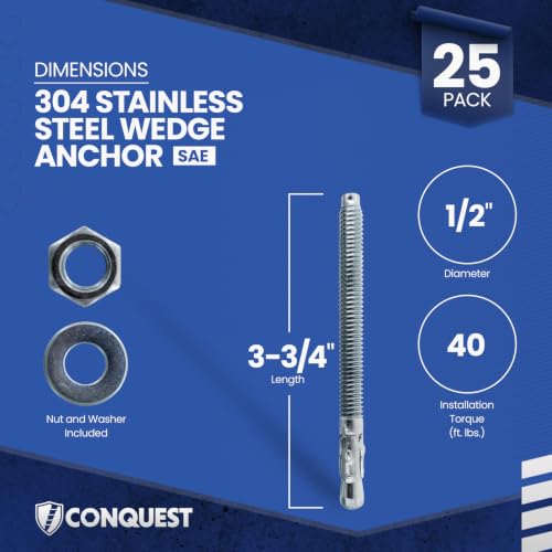 Conquest 304 Stainless Steel Wedge Anchors for Concrete 1/2” x 3-3/4” - size: 1/2" x 3-3/4"