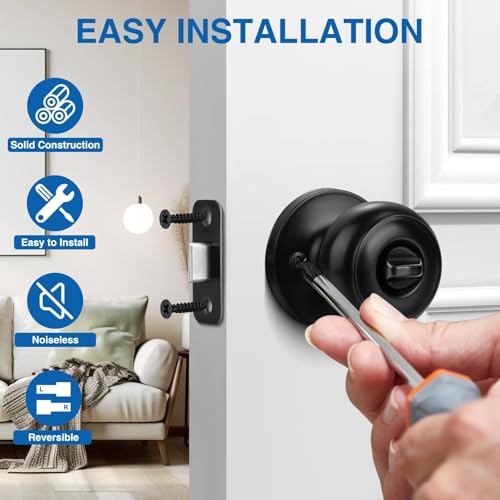 Privacy Door Knob, 5 Pack Black Round Keyless Doorknobs Interior Lockset - color: Matte Black