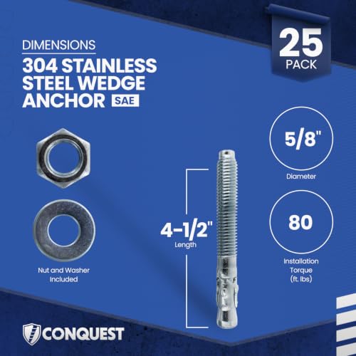 Conquest 304 Stainless Steel Wedge Anchors for Concrete 5/8” x 4-1/2” - size: 5/8" x 4-1/2"