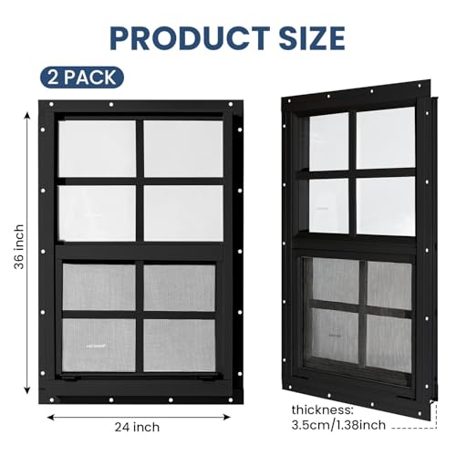 2 Pack Shed Windows, Chicken Coop Windows, 24" x 36" Black - color: Black, size: 24" x 36"