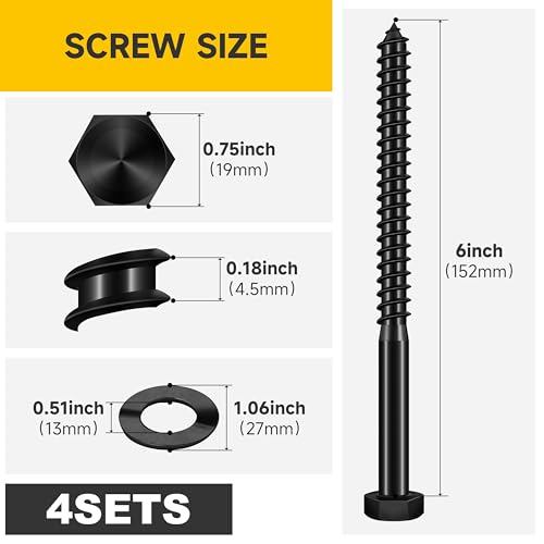 (4Sets) 1/2" x 6" Hex Head Lag Bolts, Heavy Duty Lag Screws with Washers, 304 Stainless Steel Bolts 18-8, Lag Screws Wood Screws, Fully Thread Black Oxide, 1/2 Bolt by Mywish - size: 1/2 x 6" (4 set)