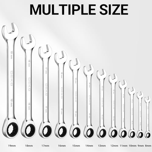 DEKOPRO 12-Piece Ratcheting Wrench Set 8-19mm Metric Standard, Fixed Head Combination Wrenches Set with Rack Organizer, Cr-V Steel, 12 Point 72 Teeth - size: Metric-12 pcs