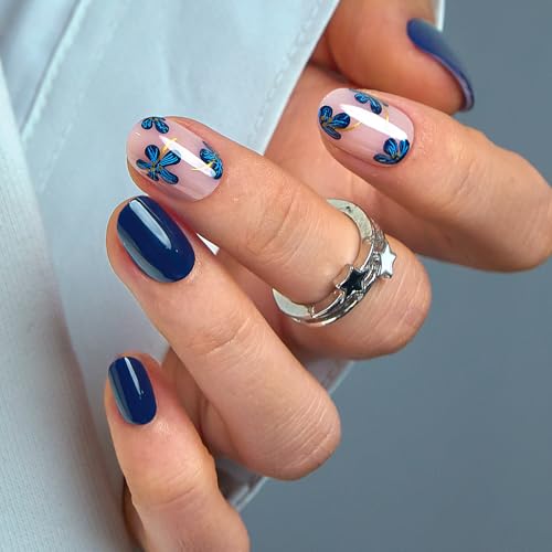 CurvLife Extra Short Square Floral Press On Nails, Navy Petal, Soft Gel - color: C1 - Navy Petal
