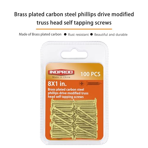 INDOROD #8 x 1 Truss Head Phillips Wood Screw (100 Pack), Brass Plated Screws, Self Tapping Wood Screws, Modified Truss Head, Brass Screws for Wood, 8 x 1 Inch, Gold - size: #8 x 1"
