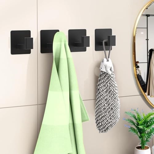Adhesive Towel Hooks, Shower Hooks for Hanging Robe, Coat, Hat, Loofah, Heavy Duty Wall Hooks Stick on Bathroom, Kitchen and Office (4 Pack, Black) - color: Black, size: Adhesive "7" Shape -4 Pack
