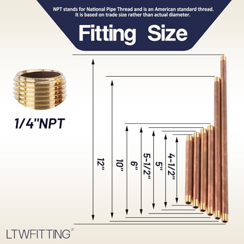 LTWFITTING Brass Long Nipple Kit(4-1/2,5,5-1/2,6,10,12) x 1/8 MPT(12pcs)