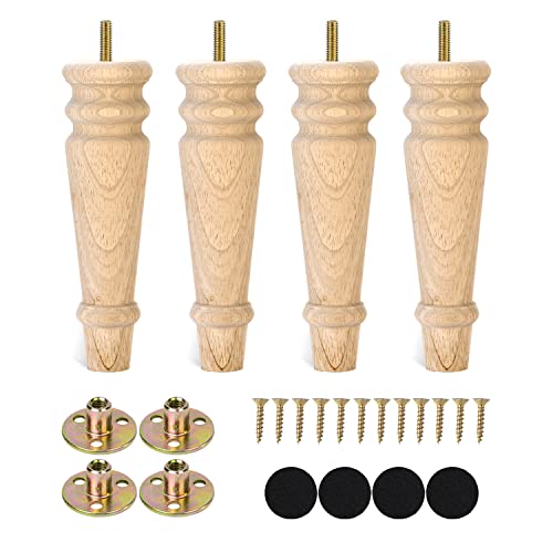 Maricome Unfinished Furniture Legs 8 inches Set of 4 Turned Wood Replacement Legs for Dresser Ottoman Chair Bench Solid Round Mid Century Screw in Pre-drilled M8 Bolt - color: 8 Inch Unfinished