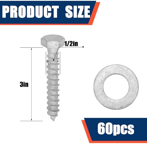Tandefio 60 Pack 1/2'' x 3'' Lag Screw Bolts with Washer Galvanized - size: 1/2''x3''