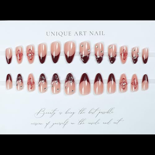 LPOODDNU Red French Tip Press on Nails Almond - Medium Flower Fake Nails with 3D Crystal Diamond Designs, Glossy Finished Reusable False Nails with Glue Tabs - 24Pcs Nail Kit for Women Manicure - color: red french tip flower