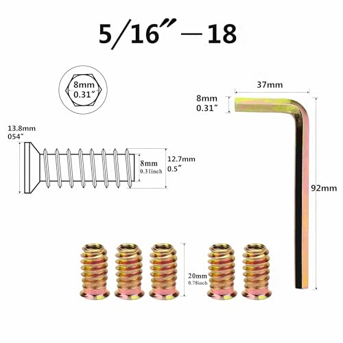 20Pcs 5/16"-18 x 20mm Metal Nut Inserts Threaded Wood Bolt Fastener Screw Connector Hex Socket Drive for Wood Furniture Building Repair Assortment (with Hex Spanner) - size: 5/16"-18 x20mm