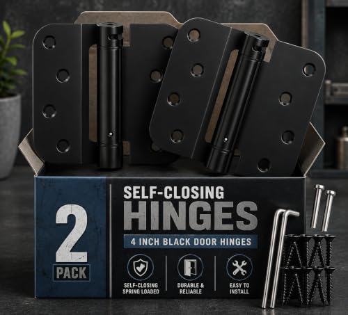 Performore 2 Pack 4-Inch x 4-Inch Matte Black Spring Loaded Self-Closing Door Hinges | Heavy-Duty Adjustable Tension Hinges | Rust-Resistant Interior Door Hardware for Residential & Commercial Use