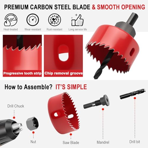 9-Piece Hole Saw Kit 32-76mm with Mandrels & Case for Wood, PVC, Plywood - color: Red
