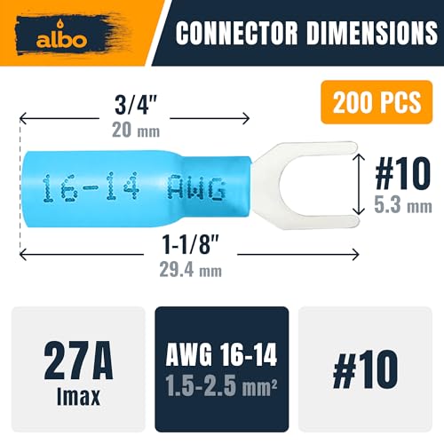 ALBO Heat Shrink Crimp Connectors (Fork 200pcs Blue #10 AWG 16-14) - color: Fork 200pcs Blue #10 AWG 16-14