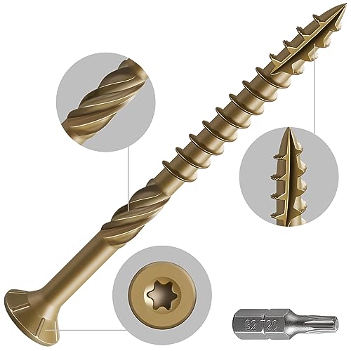 Wensilon #10 * 3" Deck Screws, (137pcs) 2 lbs.Exterior Wood Screws, Rust Resistant epoxy Coated, Bronze, T25 Star Bit - color: Yellow, size: 10*3