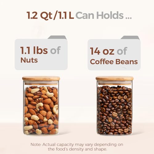 ComSaf Square Glass Containers with Lids 1.2 Qt, Set of 4 Pantry Glass Jars | Kitchen Glass Pantry Storage Containers, Storage Canisters, Silicone Seal, Dry Food, Cookie, Flour, Spice, Coffee, BPA Free - size: 1.2Qt*4