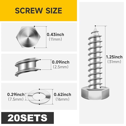 (20Sets) 1/4" x 1-1/4" Hex Head Lag Bolts, Heavy Duty Lag Screws with Washers, 304 Stainless Steel Bolts 18-8, Lag Screws Wood Screws, Partial Thread Bright Finish, 1/4 Bolt by Mywish - size: 1/4 x 1-1/4" (20 set)