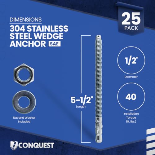Conquest 304 Stainless Steel Wedge Anchors for Concrete 1/2” x 5-1/2” - size: 1/2" x 5-1/2"
