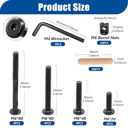Taiss 16 Set Crib Screws M6x20mm/ 40mm/ 60mm/ 80mm Baby Bed Crib Bolts Hardware Replacement Kit,Hex Socket Cap Screws Bolt,Barrel Nuts&Dowel Pins for Beds Furniture - color: 16 Set Black