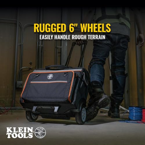 Klein Tools 55452RTB Tool Bag, Water Resistant Tool Storage Organizer Rolls on Rugged 6-Inch Wheels, 24 Pockets, Load Tested to 200-Pound - size: Rolling Tool Bag