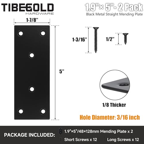 Mending Plate, Black Metal Flat Straight Brace Bracket, Double-Wide Metal Plate, Joining Plate for Wood Furniture Fence Fastening with Screws in 2 Different Lengths (48x128mm, 2 Pack) - size: 1.9"×5"/48*128mm