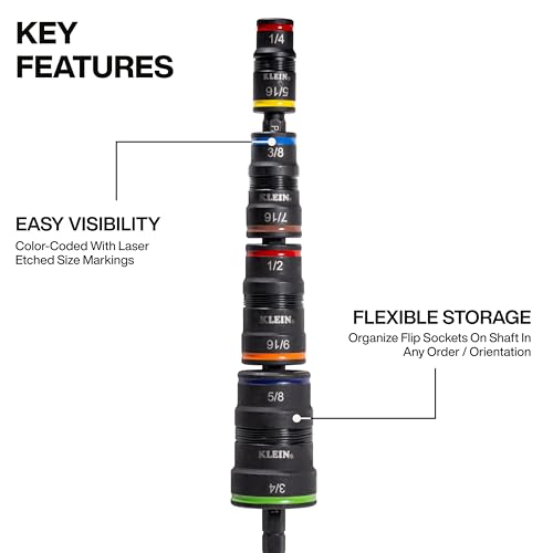 Klein Tools 32934 Impact Driver, 9-in-1 SAE Impact Socket Set, 4 Flip Sockets with 1/4, 5/16, 3/8, 7/16, 1/2, 9/16, 5/8, and 3/4-Inch Nut Driver Sizes with Bit Holder, 6-1/2-Inch Shaft - color: 9-in-1