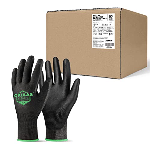 OKIAAS PU Coated Work Gloves Men, Ultra Grip & Lightweight, 60 Pairs Bulk - color: Black (60 Pairs), size: Medium