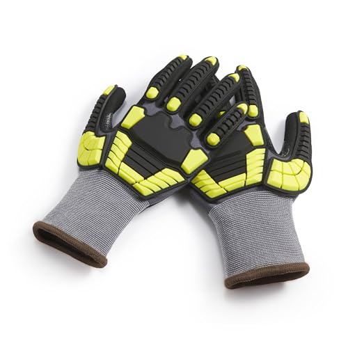 Amazon Basics Safety Work Gloves, Cut Level A1, Abrasion ANSI Level A4, Impact Protection, Touch Screen Friendly, 15G Sandy Nitrile Palm, Abrasion Resistant, Yellow, Size Large, Pack of 120 Pairs - size: Large