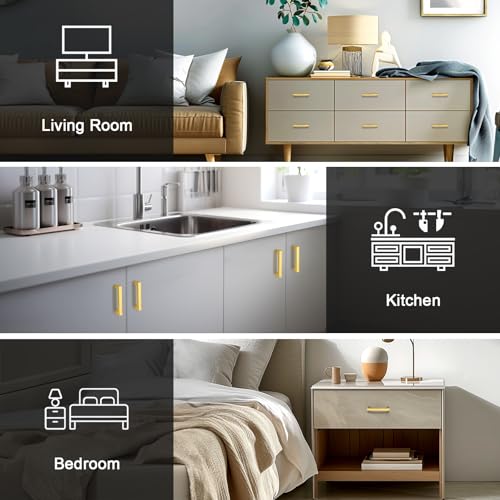 Probrico Gold Cabinet Handles 3-3/4 Inch(96mm) Hole Centers Drawer Pulls Stainless Steel Kitchen Cabinet Handles Golden Square Drawer Handles Modern Cabinet Hardware 10 Pack - color: Gold, size: hole center 3-3/4"
