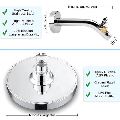 6" Rain Shower Head & 6" Shower Arm, Luxury Polished Chrome Finish - color: Deluxe Chrome, size: 6 Inch Round (1 PCS + Shower Arm)