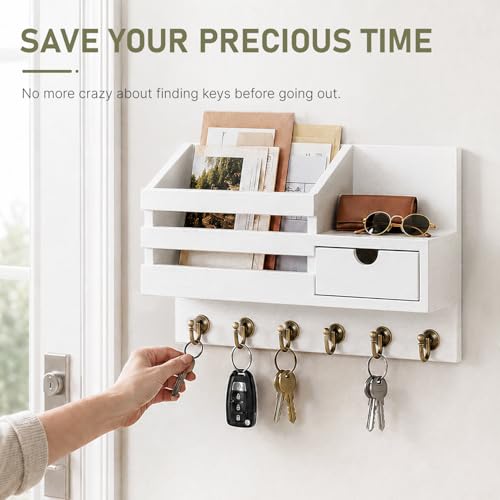 FifthQuarter Key and Mail Holder Wall Mount with Drawer and 6 Sturdy Hooks - color: A-White