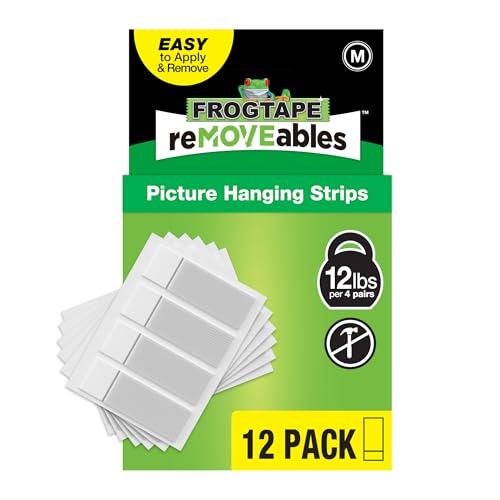 FrogTape reMOVEables Medium Picture Hanging Strips- 12 Pairs - 12lbs per 4 Pairs - Damage-Free Removeable Adhesive Wall Strips Picture Hangers for Mounting Frames, Canvas, Home Décor White (24 Pieces) - size: 12 Pairs, style: Medium
