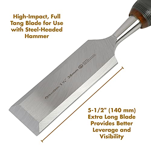 Buck Bros. 74818 1-1/2 Inch Wood Chisel, Full Tang Wood Carving Tools, Woodworking Tools for Carpentry, Trim Work, and DIY Projects, Hardened Steel Blade, Beveled Edge, Durable Non-Slip Handle - size: 1-1/2 Inch