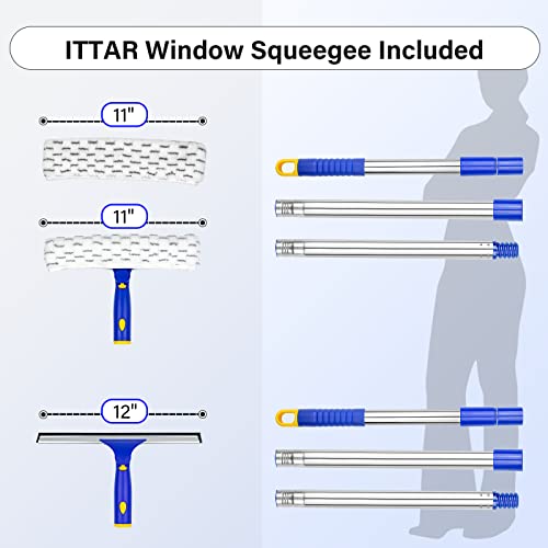 ITTAR Window Squeegee with 2 Sets Separate Pole, 12" Rubber Squeegee and 11" Microfiber Pads, 60"-73.6" Telescopic Window Cleaning Kit with Rotating Head for High Windows, Shower Glass, Car Windshield - color: White&blue