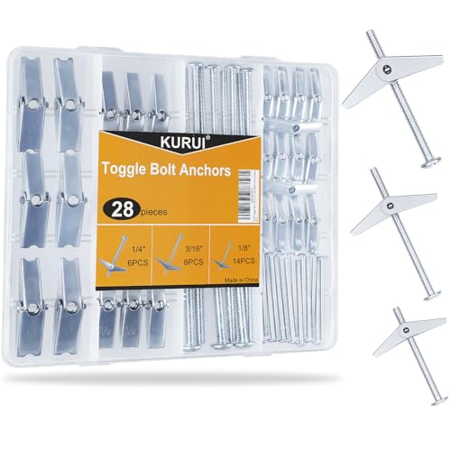 KURUI Heavy Duty Hollow Drywall Anchors for Sheetrock Ceiling, Toggle Bolts and Wing Nut Kit, 28Pcs Metal Dry Wall Anchors and Screws Assortment Set, Butterfly Anchor for Hanging 1/8, 3/16, 1/4
