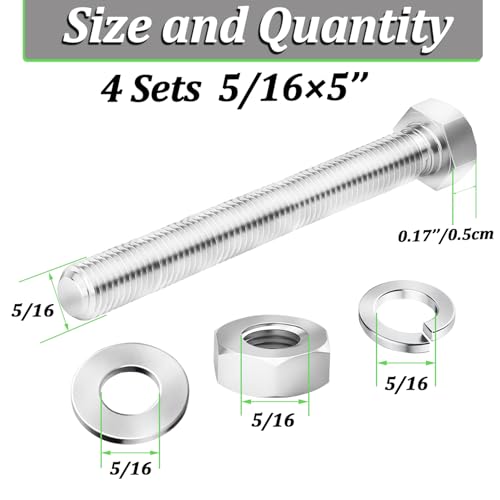 4 Sets 5/16-18 x 5" Stainless Steel Hex Head Screws Bolts, Flat, Nuts & Lock Washers,Hex Bolts 18-8(304) Full Thread - color: Silver, size: 5/16-18 x 5" (4 Sets）