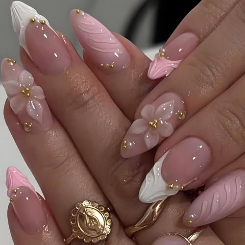 LPOODDNU Press on Nails - color: pink french tip flower