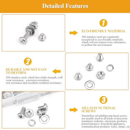 385 Pieces M4 Machine Screws Nuts Washers Set, Sutemribor M4 x 5/6/8/10/12/16/20mm Phillips Pan Head Machine Screws Nuts Washers Assortment Kit, 304 Stainless Steel, Fully Threaded - size: M4, style: Phillips Pan Head