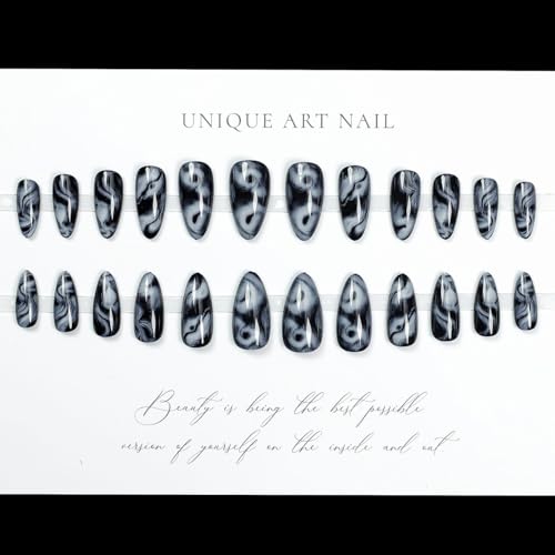 LPOODDNU Almond Press on Nails - Medium Black Fake Nails with Marble Designs, Glossy Finished Reusable False Nails with Double Adhesive Glue Tabs - 24Pcs Nail Kit for Women Manicure - color: black marble