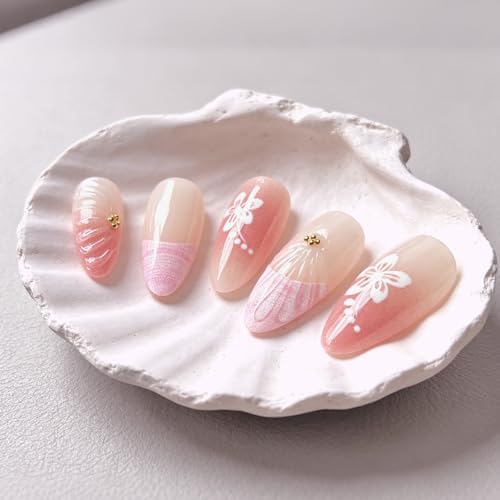 3D Pink Press on Nails Almond - Medium French Tip Fake Nails with Embossed Flower&Gold Bead Designs, Glossy Finish Reusable False Nails for Women Manicure(3D Embossed design 18） - color: 3D Embossed design 18