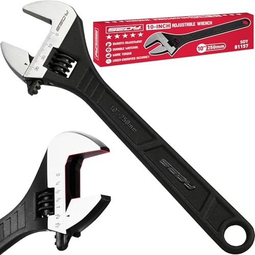 SEDY 10-Inch Adjustable Wrench, Black Oxide Finish Wide Jaw Spanner with Inch/Metric Scale, Premium Drop Forged Steel for Automotive Plumbing and Household Repairs - size: 10 Inch