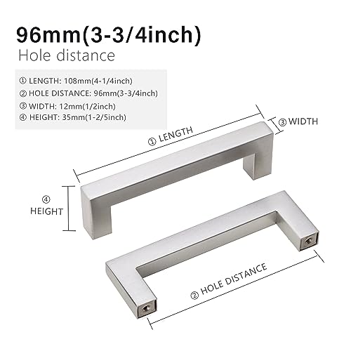 Cabinet Pulls Brushed Nickel Cabinet Handles Square Drawer Pulls, 10 Pack 3-3/4 Inch Stainless Steel Kitchen Door Cupboard Cabinet Handles, Cabinet Hardware Drawer Handles, 96mm Hole Centers - color: Brushed Nickel, size: Two Hole - 3-3/4 inch Hole Center