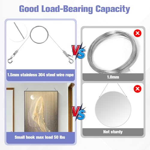 Picture Hanging Wire Kit Heavy Duty - 72PCS Adjustable Picture Wire with 8 Hanging Cables, 16 D Rings & 48 Screws for Mirrors, Frames, Artwork, Light Fixtures