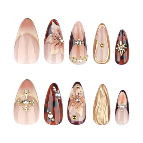 Floral Brown Gold Press On Nails Medium Long Almond, Tortoise Flower Pearl Charms Design Salon Quality Reusable Acrylic Stick On Fake Nails For Women Daily & Party Wear False Nails - color: LF-3647, size: 24 Pieces (Pack of 1)