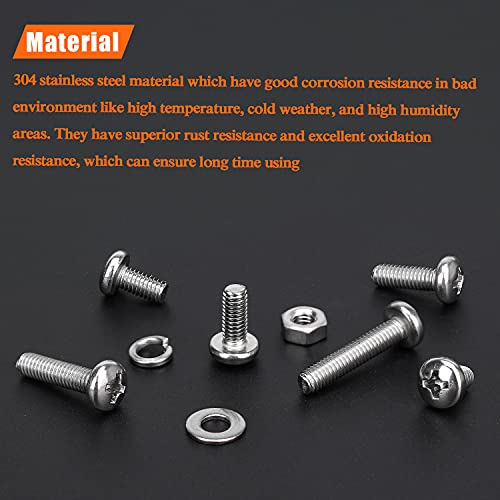 HELIFOUNER 360 Pieces M4 x 6mm /8mm /10mm /12mm /16mm /20mm, Phillips Pan Head Machine Screws, Metric Screws Bolts Washers Nuts Kit, 304 Stainless Steel - size: M4